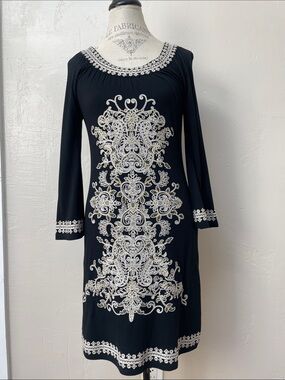 INC International Concepts Black Dress with Ivory & Gold Embroidery